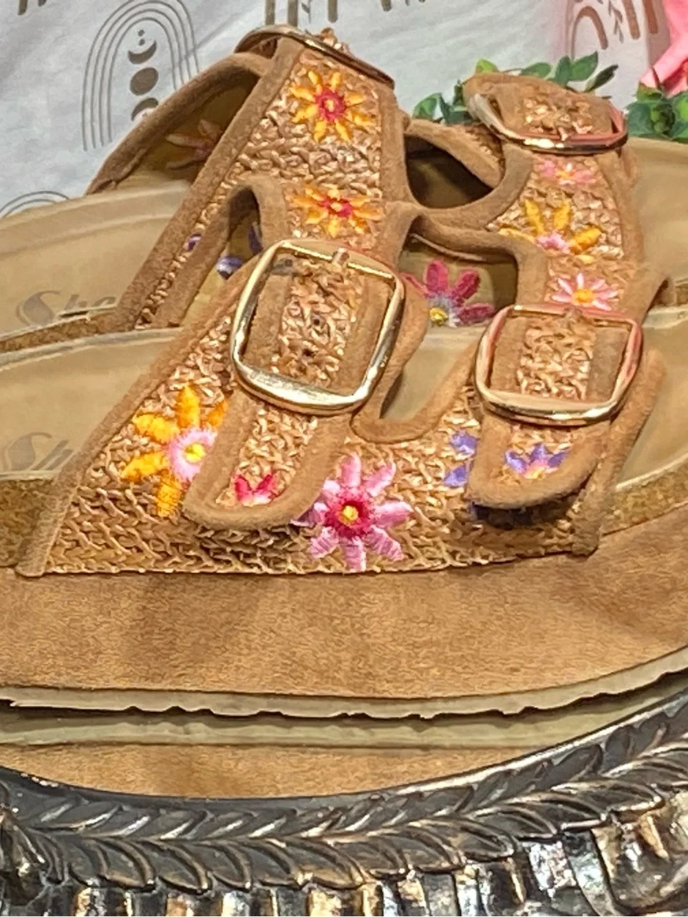Embroidered Tan Suede Platform Slide Sandals with Buckles